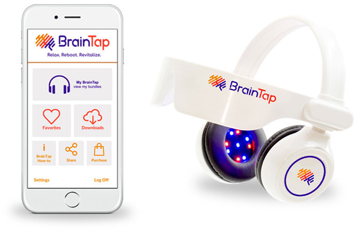 The BrainTap light-and-sound headset next to the BrainTap app on a phone.
