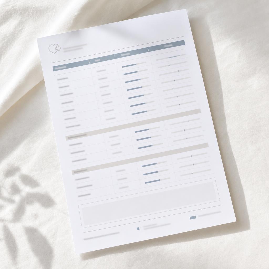 A single printed lab report sheet resting on a soft white linen surface.